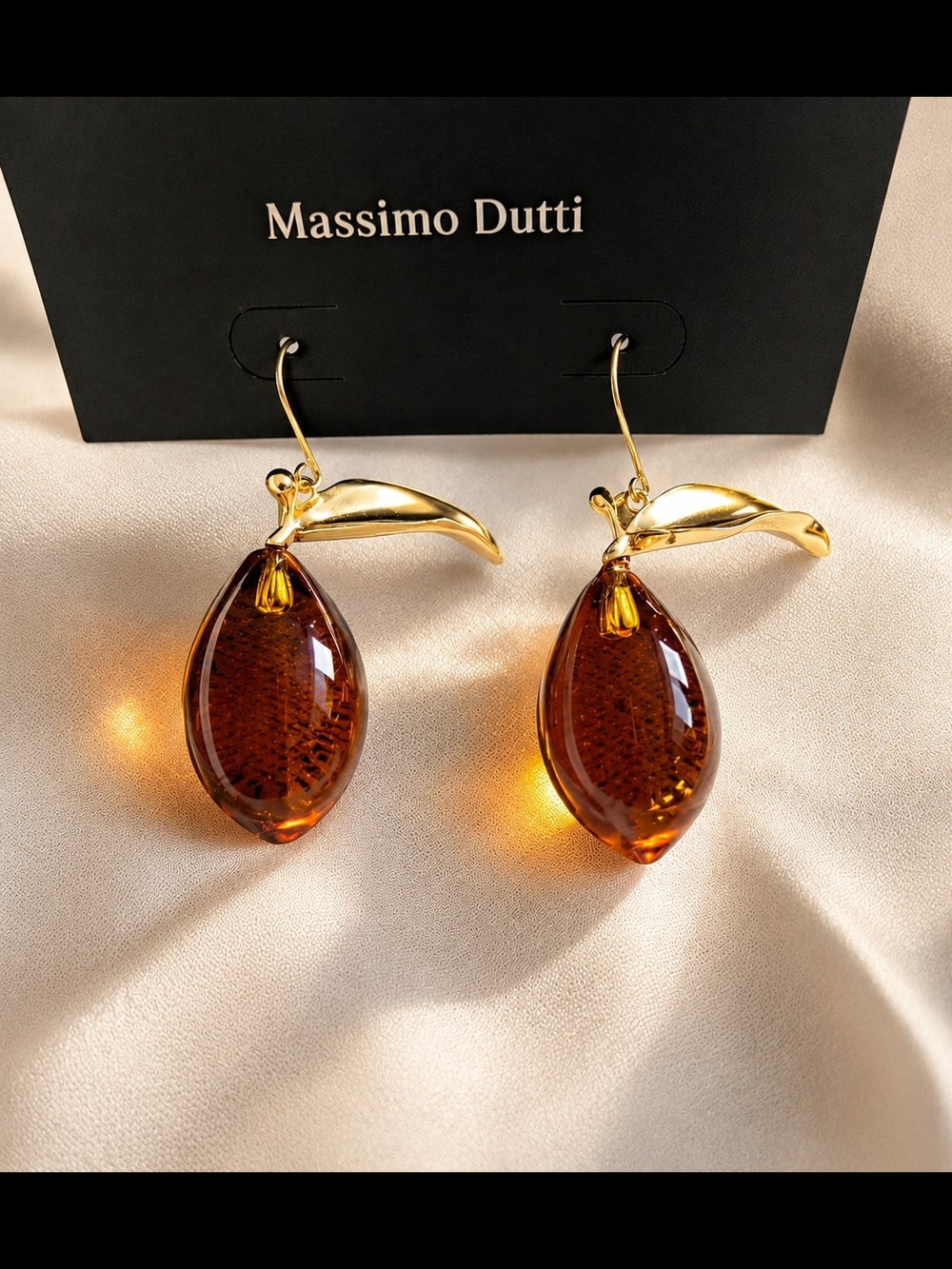 Massimo Dutti Amber Glass Leaf Drop Earrings - Gold